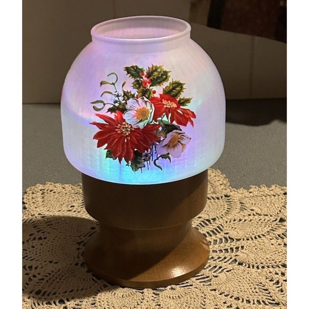 RARE Westmoreland Frosted Glass Fairy Lamp Pointsettas Flowers On Wooden Base